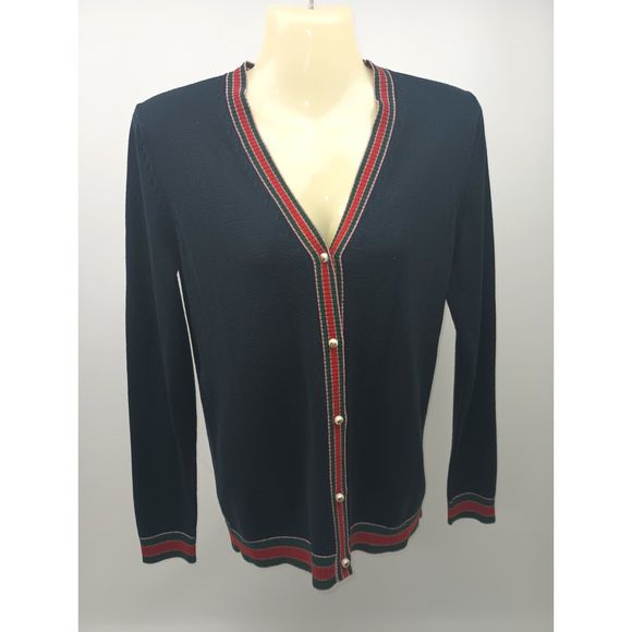 Gucci Women's Navy Blue Striped Merino Wool Knit Cardigan Size Small - Picture 2 of 6